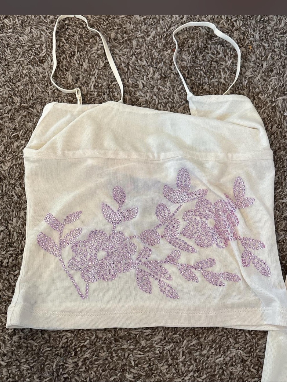 Tiger Mist White Tank Top and Skirt set with Lavender Floral Embellishment xxs
